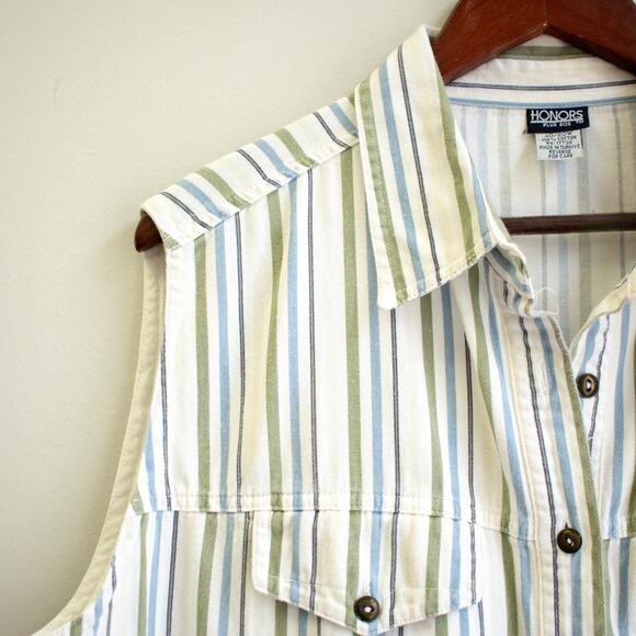 Honors Green and Blue Striped Sleeveless Denim Collar Button-up Plus Size 40/20W - Picture 2 of 6